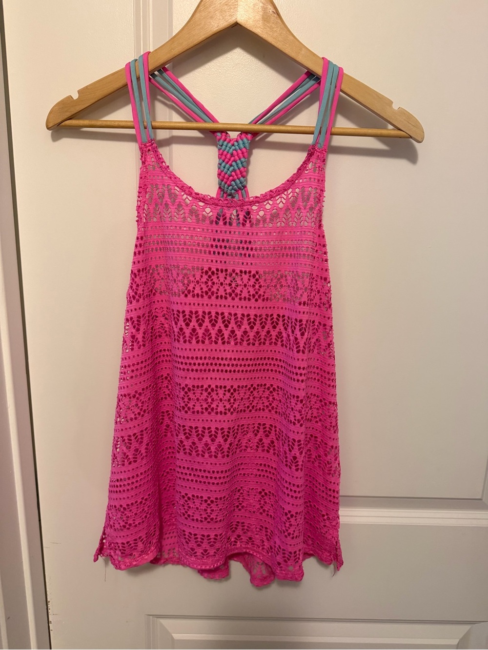 Miken Bright Pink Crochet Cami with Braided Straps